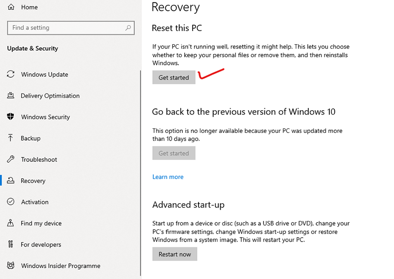 windows 10 reset this pc